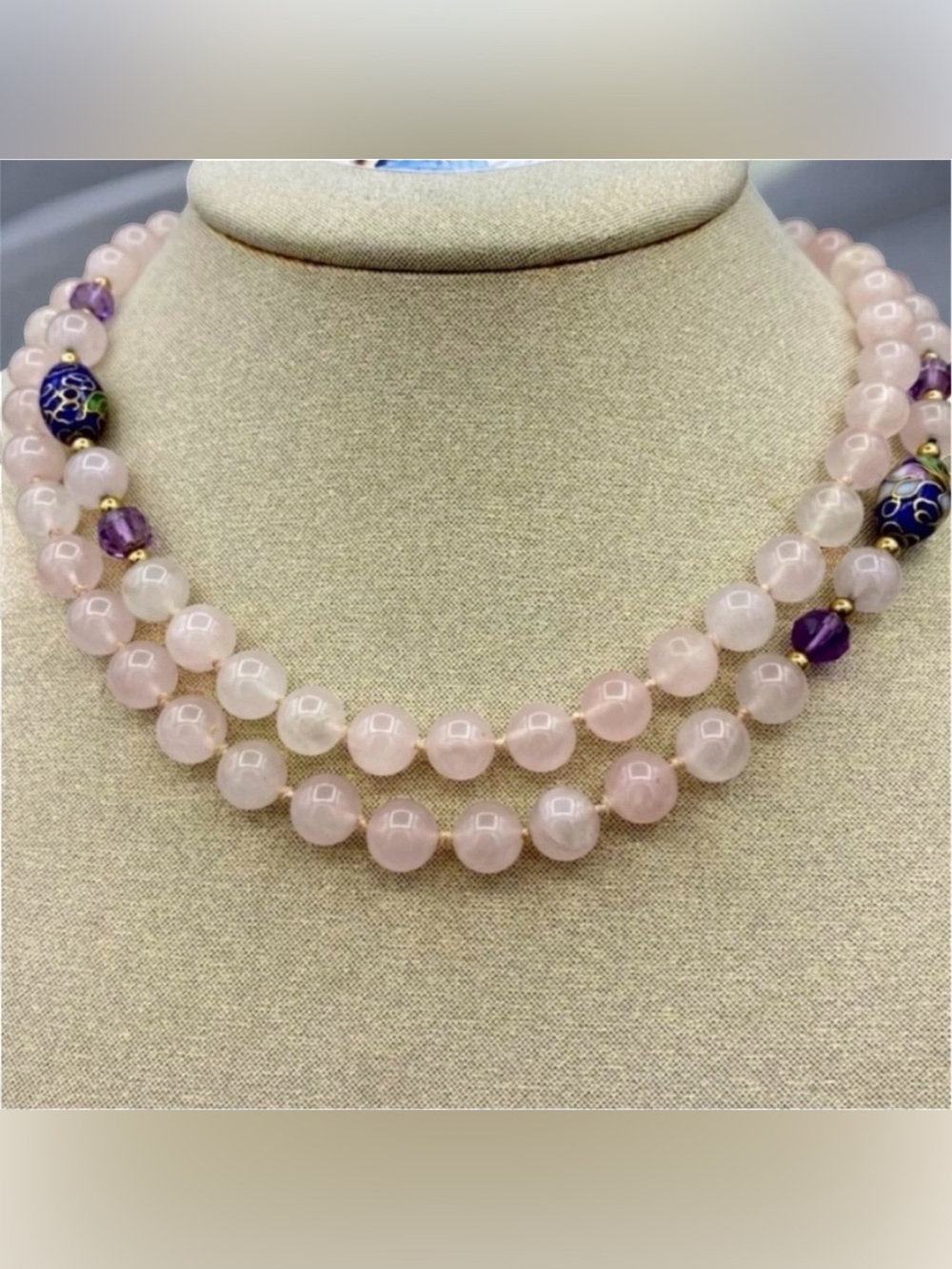 STRAND OF ROSE QUARTZ AND CLOISONNÉ BEADS NECKLACE 30”